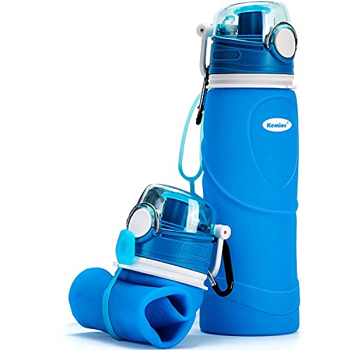 Kemier Botellas de Agua de Silicona Plegables–750ML,Calidad Médica Libre de BPA,Aprobado por FDA.Enrollarse,Botellas de Agua Plegables a Prueba de Fugas Para el Aire Libre y Deportes(azul)