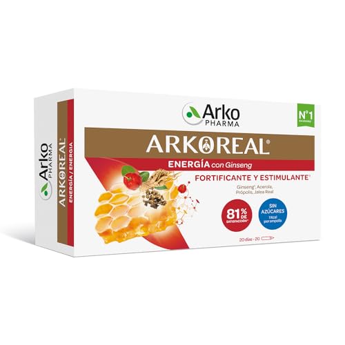 Arkopharma Arkoreal Jalea Real Energia con Ginseng Sin Azúcares 20 Ampollas, Plus de Energía, Fortificante, Estimulante, Complemento Alimenticio