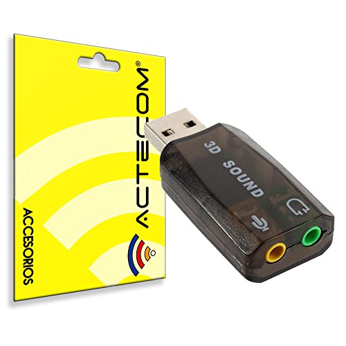 ACTECOM® Tarjeta de Sonido Externa USB 3D 5.1 Entrada Audio Salida Mic Micro Micrófono Adaptador Extraíble Jack 3,5mm TRS (Negra)