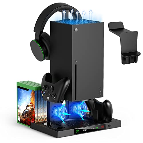 FYOUNG Soporte de ventilador para Xbox Serie X con soporte para auriculares, sistema de refrigeración serie X con cargador de controlador y soporte para auriculares