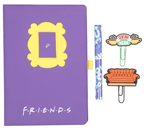 Friends - Suministros de papelería - Cuaderno A5, bolígrafo a juego, clips de papel de silicona x 4 y caja de regalo, suministros escolares y accesorios de oficina, Amigos, Amigos