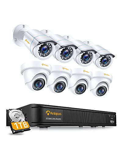 Anlapus 1080P CCTV Kit Sistema de Vigilancia 8CH H.265+ Grabador DVR con 8 Cámara de Seguridad (4) Domo y (4) Bullet, 1TB Disco Duro, Visión Nocturna, Detección de Movimiento, P2P