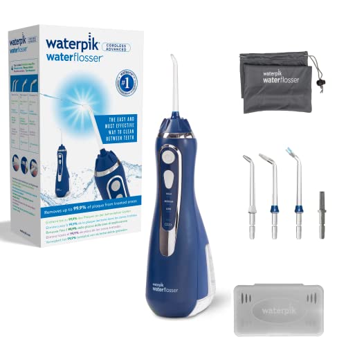 Waterpik - Avanzado irrigador dental inalámbrico con 3 ajustes de presión, herramienta de eliminación de placa dental, ideal para viajes o pequeños baños y con batería recargable, azul (WP-563UK)