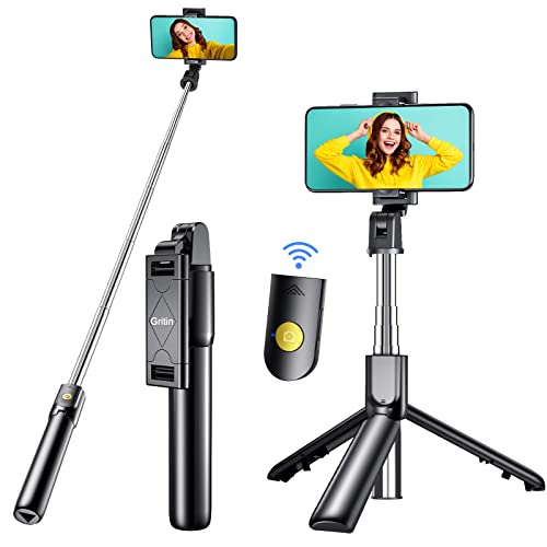 Gritin Palo Selfie Móvil Trípode, 3 en 1, Bluetooth con Inalámbrico Control Remoto, Monópode Extensible para Phone 14/14 Pro/ 11 Pro MAX / 11 Pro/, Galaxy S10 / S9, Huawei, Xiaomi