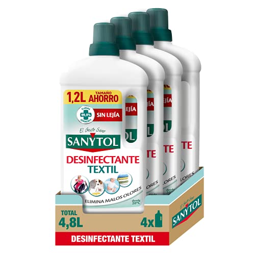 Sanytol – Desinfectante Textil, Elimina Gérmenes y Malos Olores de la Ropa Sin Lejía - Pack de 4 x 1200 ML = 4,8L