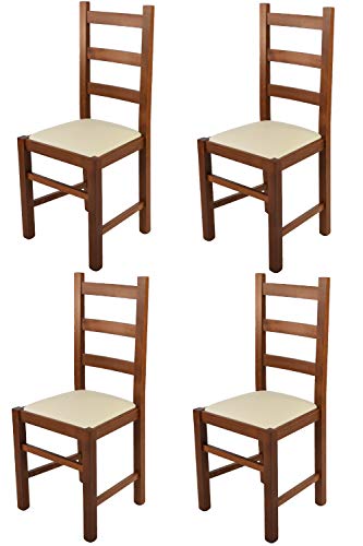 t m c s Tommychairs - Set 4 sillas Rustica para Cocina y Comedor, Estructura en Madera de Haya Color Nogal Claro y Asiento tapizado en Polipiel Color Marfil