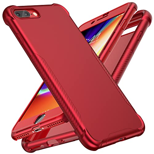 ORETECH Funda Compatible con iPhone 7 Plus 8 Plus con [2X Protector de Pantalla] 360 Grados Antichoque Bumper Carcasa TPU Silicona y Hard PC Caso Anti-Arañazos Case para iPhone 7 Plus/8 Plus-Rojo