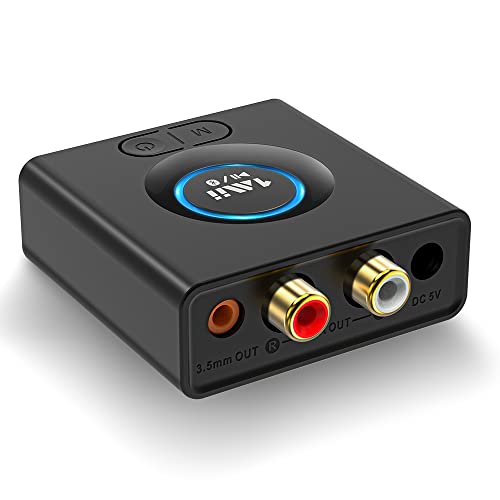 1Mii Receptor Audio Bluetooth 5.0 Inalámbrico HiFi, Adaptador Audio Bluetooth de Baja Latencia con Salida RCA/Jack AUX 3.5 mm para Altavoz, Amplificador, Modo de Graves, 12 Horas de Batería