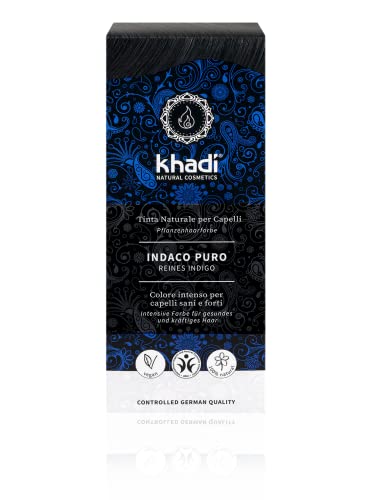 khadi PURE INDIGO tinte vegetal, coloración para el cabello de un misterioso negro intenso a un negro azulado resplandeciente, color natural 100% vegetal y vegano, cosmética natural certificada, 100g