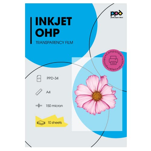 PPD Inkjet - A4 x 10 Hojas de Transparencias “OHP” Premium para Retroproyector - Láminas de Acetato Transparente - Para Impresión de Inyección de Tinta - PPD-34-10