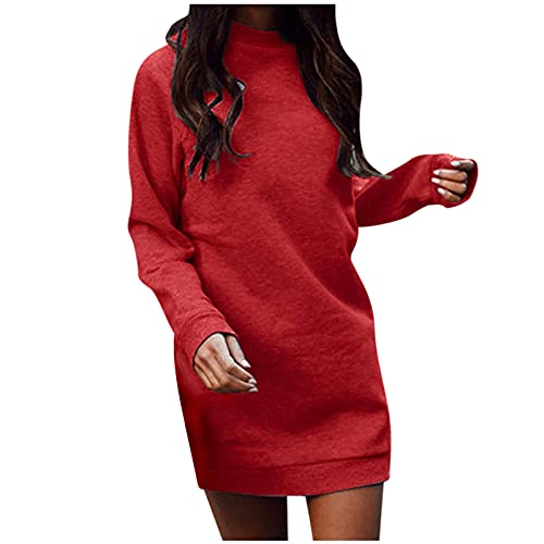 Briskorry Vestido de Navidad para mujer, monocolor, informal, cuello redondo, manga larga, sudadera, con bolsillos, rojo, M