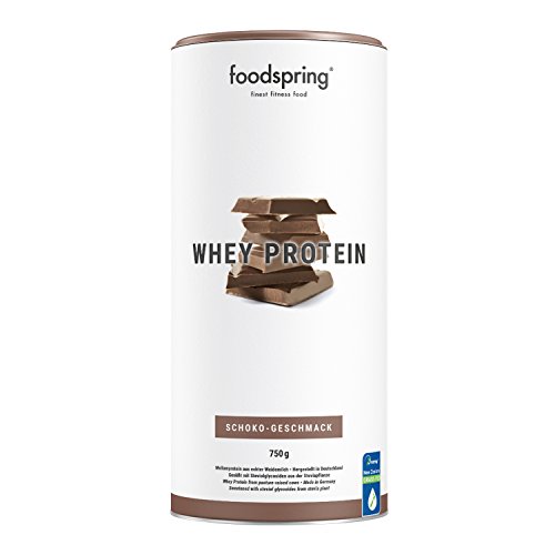 foodspring Whey Proteína Polvo Chocolate - 24g de proteína para construcción muscular, perfectamente soluble, leche de libre pastoreo, rica en BCAAs y EAAs - 750g