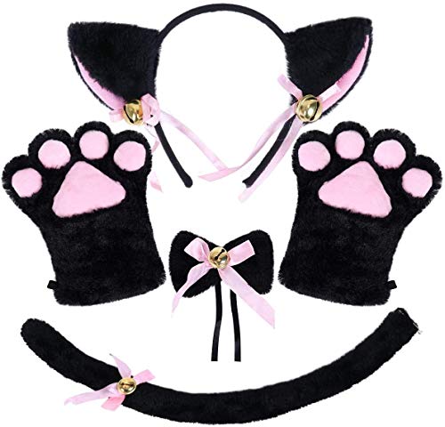 DUJIAOSHOU Juego de disfraz de gato para cosplay de peluche, garras, guantes, gatitos, orejas, cuello y patas, lindo y adorable, para fiestas (negro)