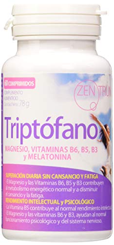 Zentrum90 Triptófano - Rendimiento Intelectual Psicológico y Superación, Magnesio + Vitaminas B6 + B5 + B3 + Melatonina, 60 comprimidos