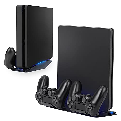 NiTHO Multistand Pro Vertical Stand, Estación de Acoplamiento Compatible con PS4 Pro/PS4 Slim, Soporte para Consola Playstation 4 con Luz Ambiental Azul, 2 Puertos de Carga para 2 Mando de PS4