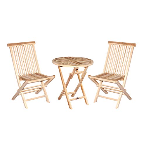 CHICREAT - Juego de muebles de balcón de tres piezas de madera de teca, silla plegable y mesa plegable redonda de Ø 60 cm de diámetro, juego bistró de tres piezas de madera de teca