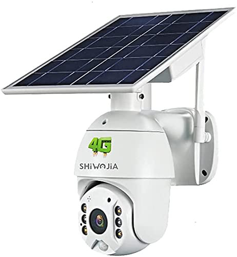 SHIWOJIA 1080P HD PTZ Cámara de Vigilancia 4G LTE Inalámbrico, Cámara de Seguridad Exterior Batería Recargable, Energía Solar Audio Bidireccional, Detección de Movimiento, Intemperie IP67