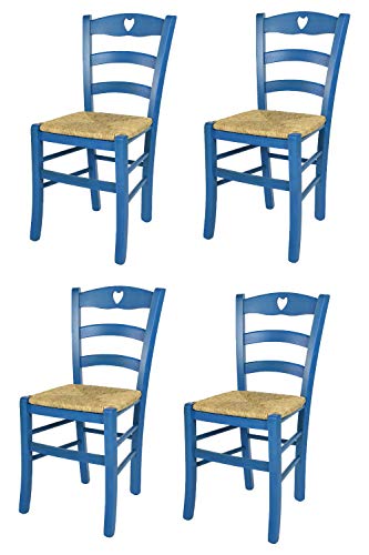 t m c s Tommychairs - Set 4 sillas Cuore para Cocina y Comedor, Estructura en Madera de Haya Color anilina Azul y Asiento en Paja