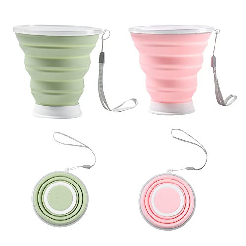 Foreverup 2 vasos plegables de silicona con tapa, de silicona plegable, 320 ml, sin BPA, retráctiles, para familia, picnic, camping, senderismo, verde, rosa)