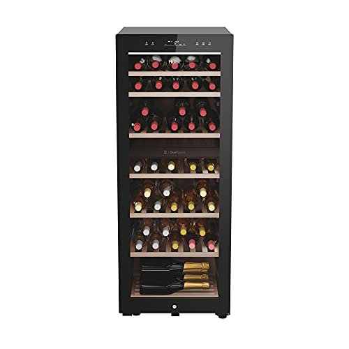 Haier HWS77GDAU1 Nevera de vino refrigerado, 77 botellas, luces LED y cristal anti UV, estantes de madera, 49,7 x 58,5 x 127 cm, Clase G, color negro