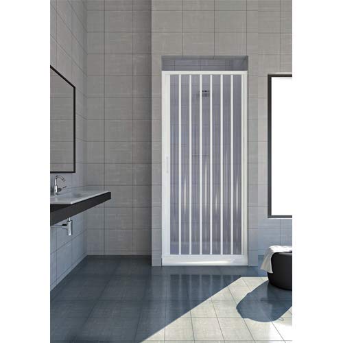 Cabina de ducha 100 cm modelo Jade extensible de PVC puerta única con paneles semitransparentes apertura lateral de fuelle color blanco.