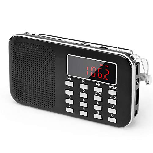 PRUNUS Am/FM Radio Pequeña Recargable Digital Bolsillo, J-908 Radio de Portatil con Tarjeta Micro TF Reproductor de MP3 de Entrada Auxiliar de Disco USB(Negro)