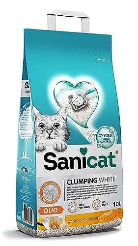 Sanicat - Arena para Gatos Aglomerante Blanca, Aroma a Vainilla y Mandarina, con Control de Olor, Absorbe Humedad y Forma Aglomerados Que Facilitan la Limpieza, 10 L
