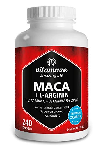 Vitamaze® Maca Pura Cápsulas de Alta Dosis 4000 mg + L-Arginina + Vitaminas + Zinc, 240 Cápsulas por 2 Meses, Maca Peruana de los Andina, sin Aditivos Innecesarios, Calidad Alemana