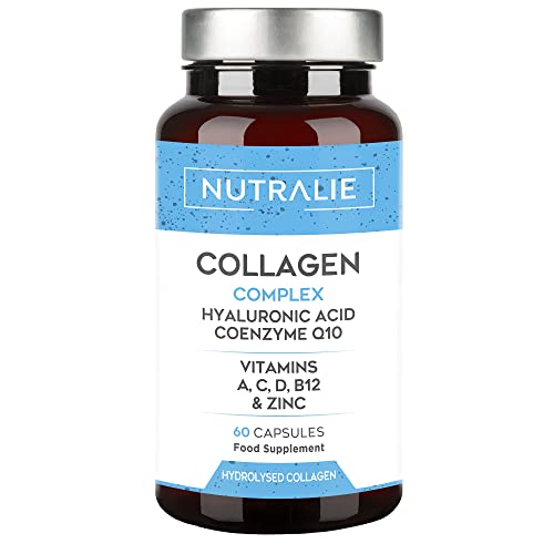 Colágeno Ácido Hialurónico Q10 - Hidrolizado Puro - Articulaciones Piel + Vitaminas C A D B12 + Zinc - 60 cápsulas - Nutralie (Sin colorantes)