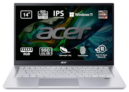 Acer Swift 3 SF314-43-R4QF - Ordenador Portátil 14' FullHD (AMD Ryzen 5 5500U, 8GB RAM, 512GB SSD, AMD Radeon Graphics, Windows 11 Home) Plata - Teclado QWERTY Español
