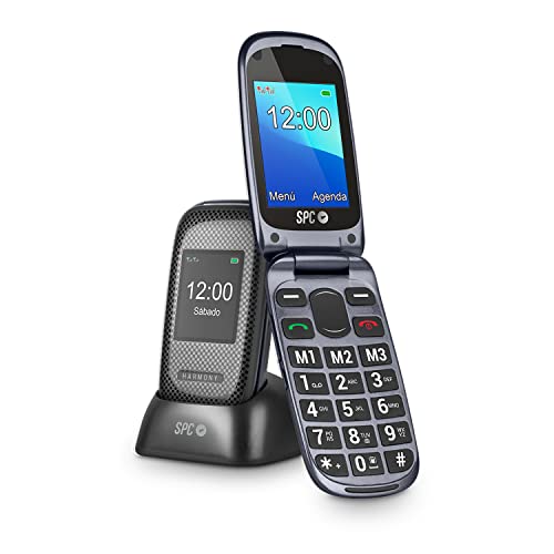 SPC Harmony - Teléfono móvil con Tapa para Personas Mayores con Números y Letras Grandes, Doble Pantalla, Botón SOS, 3 memorias directas, Base de Carga, Negro