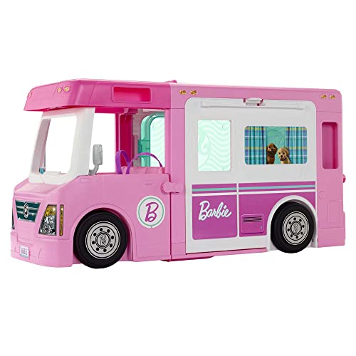 Barbie Caravana DreamCamper 3 en 1 , aprox. 1m; autocaravana transformable con piscina, camioneta, barca y 50 accesorios; para niñas y niños + 3 años, GHL93