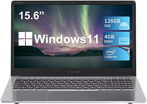 SGIN 15.6' Ordenador Portátil Windows 11 4GB RAM 128GB SSD Intel Celeron Quad-Core hasta 2.8GHz, PC Portátil con WiFi de Doble Banda, 2xUSB 3.0, Teclado de Membrana en Ocho Idiomas