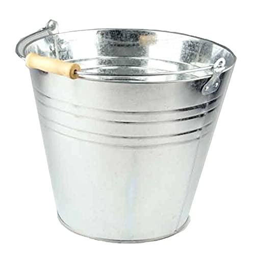 Tradineur - Cubo de Metal galvanizado de 15 litros, de 30,6 x 28,5 cm, con Mango de Madera para Limpieza, jardinería, hogar… Balde de Metal, cubeta, barreño Metalizado