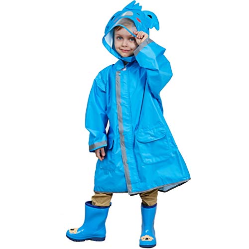 JZK Chubasquero impermeable poncho Impermeables chaquetas capa lluvia con mangas y capucha y rayas reflectantes para niños y niñas de 2-4 4-6 6-10 años, (L, Azul)