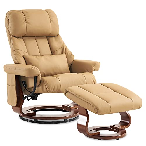 M MCombo Sillón de masaje con taburete, giratorio 360° con función reclinable, moderno sillón de televisión con bolsillo lateral para salón, piel sintética, 9068 (crema)