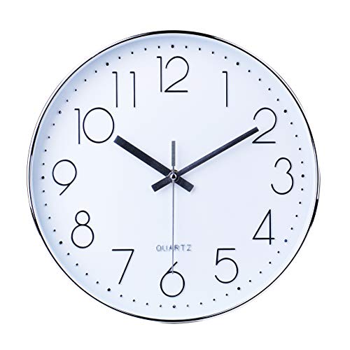 Reloj de pared moderno,grandes decorativos Silencioso interior reloj de cuarzo de cuarzo redondo No-ticking para sala de estar ,plata, Ø: 30 cm