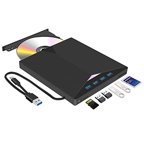 Arozxin Reproductor de CD DVD Externo, Grabadora de DVD/CD Externa USB 3.0 y Tipo-C con Lector de Tarjetas SD/TF y USB, CD-ROM CD-RW VCD para Windows 7/8/10/ Vista/XP/Mac OS, Laptop, Desktops
