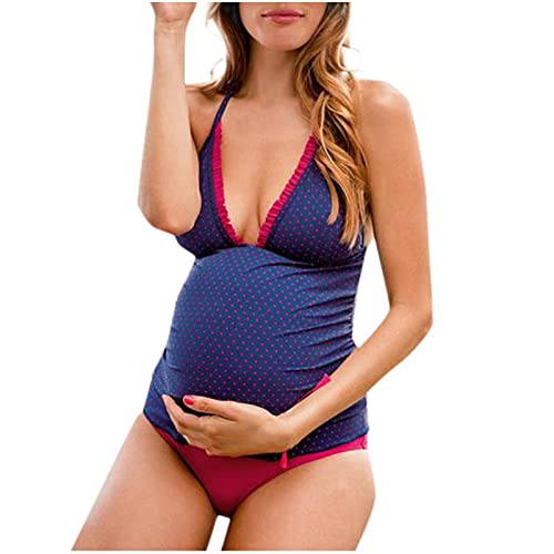 WUXIANG Traje de baño de Maternidad Premamá Verano triángulo Halter Bikini 1 Pieza Bañador Mujer Color sólido Traje de Baño Sexy Halter Tankini para Dama Vintage Embarazada Azul, M (ES220326ES27)