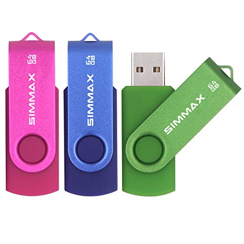 SIMMAX Memoria Flash USB 64GB 3 Piezas Pen Drive USB 2.0 Giratoria Flash Drive Thumb Drive (64GB Rosado Azul Verde)