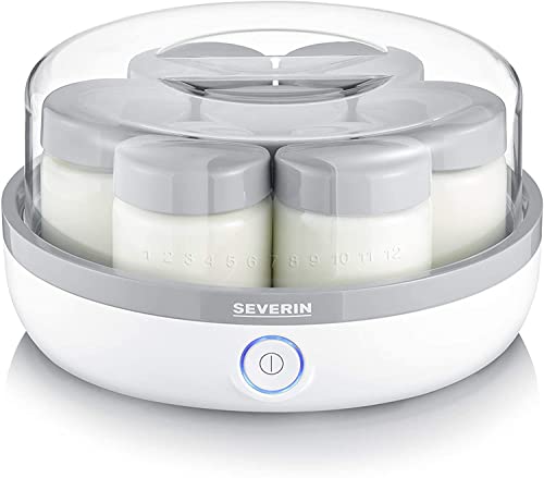 Severin Yogurtera con tapa transparente, incluye 7 tarros con tapa antiderrames de 150 ml cada uno, 13 W, 100 % libre de BPA, dimensiones 24 x 24 x 12.5 cm, Blanco/gris JG 3518