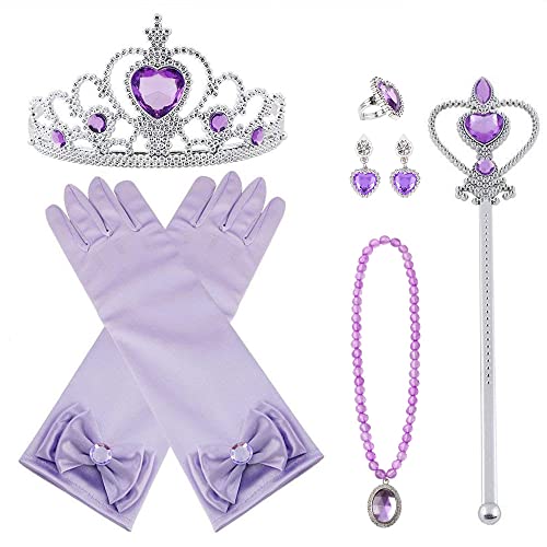 Vicloon 9 Pcs Princesa Vestir Accesorios Regalo Conjunto de Belleza Corona Sceptre Collar Guantes para Niña - Morado