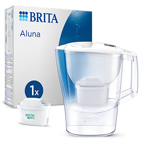 BRITA Jarra con filtro de agua Aluna blanca (2,4 l) incl. 1x cartucho MAXTRA PRO All-in-1: jarra apta para frigorífico con memo digital que reduce el cloro, la cal y las impurezas