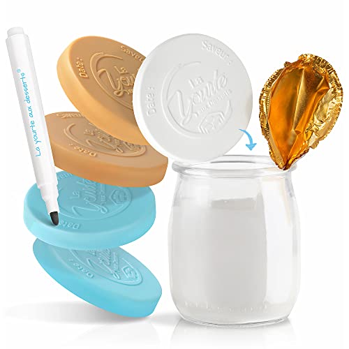 30 Tapas Yogures Cristal Reutilizables Compatibles con las Yogurt Danone y Otras Marcas Comerciales de Diámetro 56 mm| Conformidad Contacto Alimentos UE | Hermético | BONUS - Marcador (Multicolor)