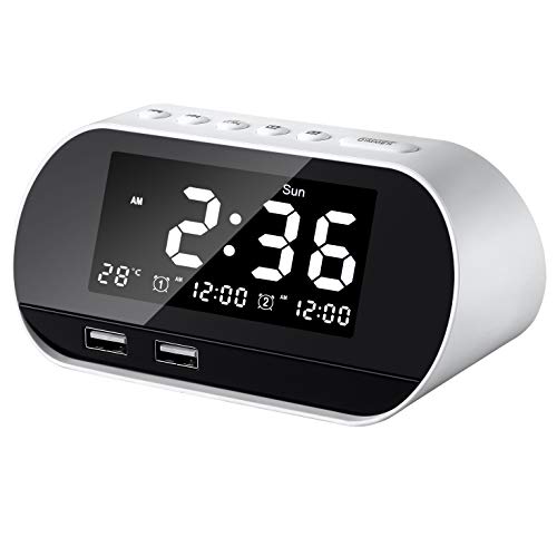 Radio Despertador Digital, FM Radio Reloj Despertadores con Puerto USB, Alarmas Dual con 5 Sonidos 16 Tonos, Pantalla LED & 6 Brillos,12/24 H, Snooze (Blanco)