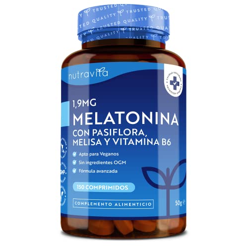 Melatonina pura 1,9 mg por comprimido, con flor de pasión, bálsamo de limón y vitamina B6 - Alta Dosis, Favorece un sueño saludable - 150 comprimidos – Nutravita