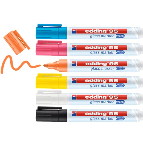 edding 95 marcador para cristal - multicolor - 6 rotuladores borrable para vidrio - punta redondeada 1,5-3 mm - para escribir y marcar en ventanas y pizarras de cristal - borrado en seco