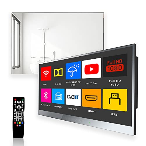 Soulaca - TV de 22 Pulgadas para baño, Espejo Inteligente de Lujo, TV IP66, Resistente al Agua, Android 9.0, Full HD con Wi-Fi y Bluetooth (Modelo 2022 con 7 Teclas táctiles)