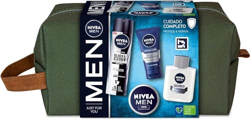 NIVEA MEN Pack Cuidado Completo Neceser, Set de regalo para hombre con crema facial (1 x 75 ml) crema hidratante todo el cuerpo (1 x 150 ml), bálsamo after shave (1 x 100 ml), desodorante (1 x 100 ml)