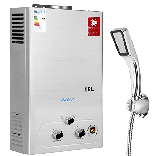 BreeRainz 16LPM Calentador de Agua de Gas GLP Propano Butano con Cabezal de Ducha, 32KW, para el Hogar,Vehículos Recreativos y Exteriores